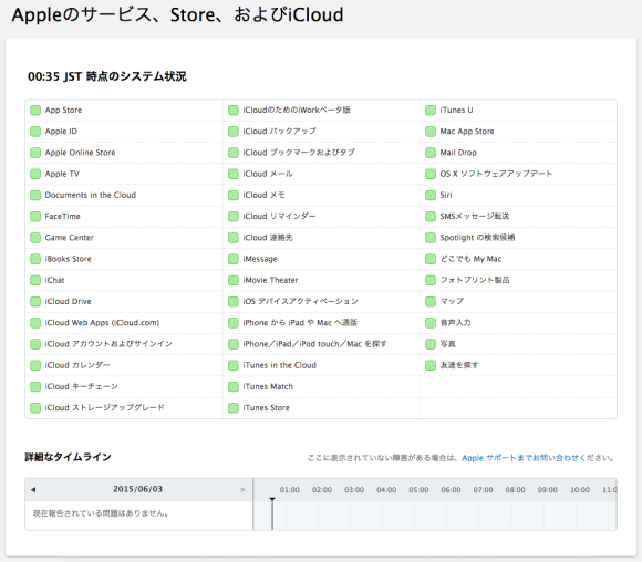 2015年6月３日現在 app storeシステム状況ページ